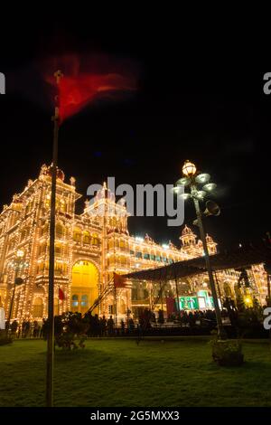 Close up of Illuminated Mysore Palace during Dasara (Vijaya Dashami) Festivals. Historic Palace, India's second most visited place at night Stock Photo