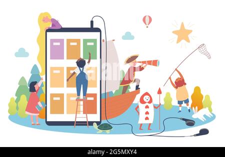Digital book concept. Children are choosing a book on a giant cell phone and fairy tale characters are popping around. Stock Vector