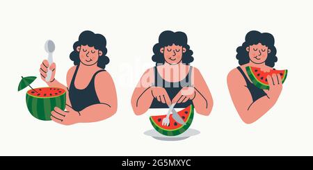 Set of characters women eating watermelon. How to eat a watermelon. Ways of eating fruit. Summer concept, watermelon day. Vector trendy illustration. Stock Vector
