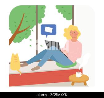 A girl is sitting by the window and sending an email on her laptop. A cat next to her is looking out the window. Stock Vector