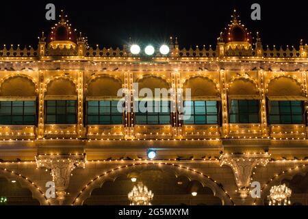 Close up of Illuminated Mysore Palace during Dasara (Vijaya Dashami) Festivals. Historic Palace, India's second most visited place at night Stock Photo