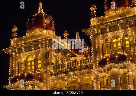 Close up of Illuminated Mysore Palace during Dasara (Vijaya Dashami) Festivals. Historic Palace, India's second most visited place at night Stock Photo