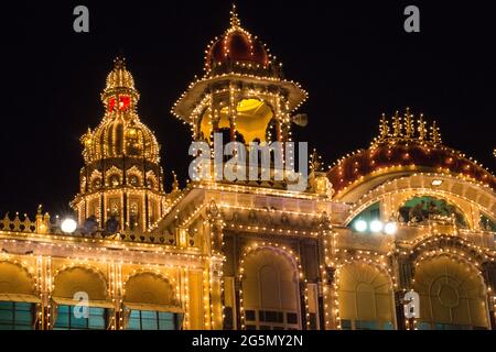 Close up of Illuminated Mysore Palace during Dasara (Vijaya Dashami) Festivals. Historic Palace, India's second most visited place at night Stock Photo