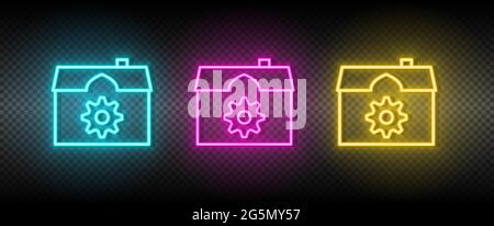 Real estate vector gear, house, settings, smart home. Illustration neon blue, yellow, red icon set. Stock Vector