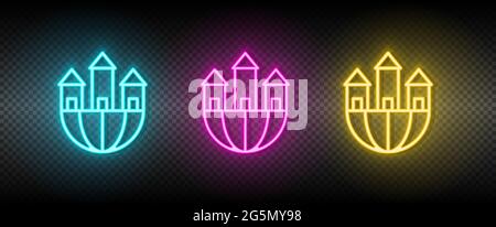 Real estate vector building, company, global. Illustration neon blue, yellow, red icon set. Stock Vector