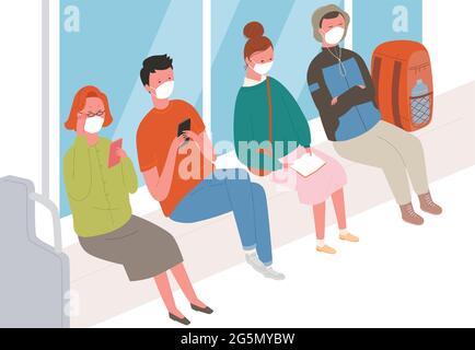 Passengers on the subway wearing masks. Stock Vector