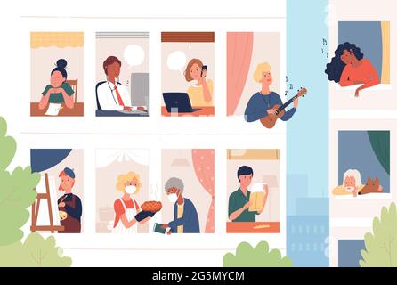 The view of the apartment neighbors from the window. Working from home or communicating with neighbors. Stock Vector