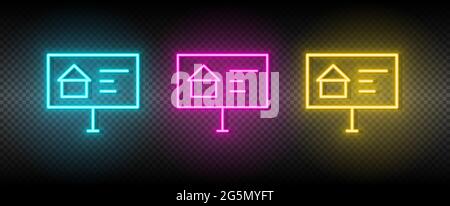 Real estate vector ads, building. Illustration neon blue, yellow, red icon set. Stock Vector