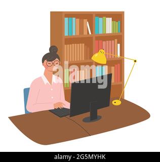 A woman is working on a computer in her study. Stock Vector