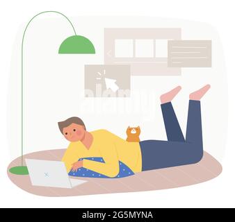 A man is lying on a cushion and looking at a laptop, with a cat behind him. Stock Vector