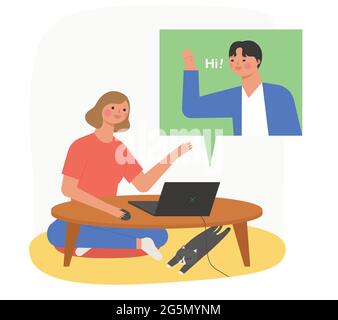 A woman is sitting at a table, video chatting, and a cat sleeping under her feet. Stock Vector