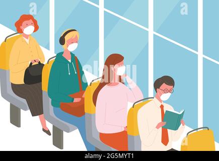 Passengers on the bus wearing masks. Stock Vector