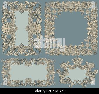 Vintage decorative ornamental frames. Design set. Editable hand drawn illustration. Vector engraving. Isolated on color background. 8 EPS Stock Vector