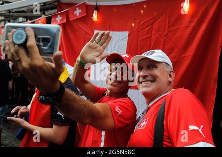 Bucharest, Romania. 28th June, 2021. Fans of Switzerland cheer prior to EURO 2020 soccer match between France and Switzerland in Bucharest, Romania, June 28, 2021. Credit: Cristian Cristel/Xinhua/Alamy Live News Stock Photo
