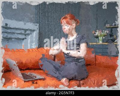 Girl folded her arms in meditative pose sitting on sofa across from laptop. Image in the impasto style. Large brushstroke technique Stock Photo