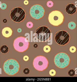 Seamless pattern with donuts in colorful glaze, assorted children's sweets, pastries for menu design, cafe decoration Stock Vector