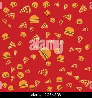 Fast food pattern with modern doodle food illustrations. Seamless vector background, burgers with cheese and cutlets, slices of pepperoni pizza on a r Stock Vector
