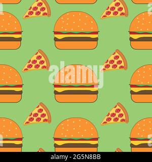 Fast food pattern with modern doodle food illustrations. Seamless vector background, burgers with cheese and cutlets, slices of pepperoni pizza on a g Stock Vector