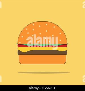 Vector fresh burger with salad, cutlet, tomato, cheese and bun with sesame seeds on yellow background Stock Vector