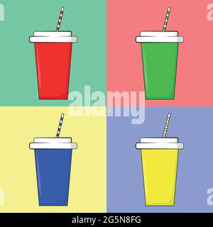Vector illustration of four multi-colored disposable cups with lid and straw on a green background Stock Vector