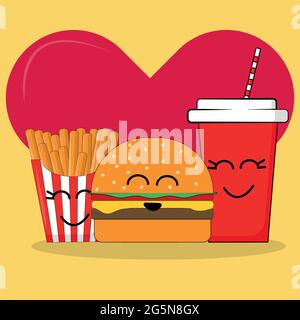 Vector fresh burger with salad, cutlet, tomatoes, cheese, sesame bun, fries, and disposable red cup with hook and straw smiling cheerfully on the back Stock Vector