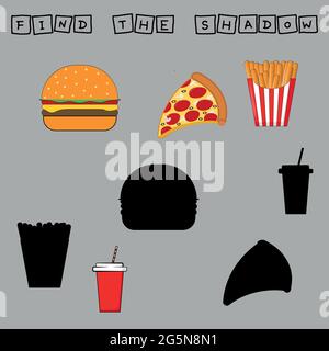 Developing activity for children, find a pair among identical of  burger with salad, french fries, pizza margarita and disposable red cup with hook an Stock Vector