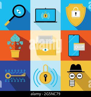 nine cybersecurity technology set icons Stock Vector