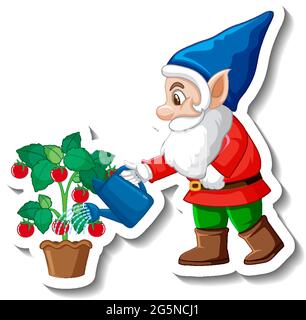 A sticker template with garden gnome or dwarf watering plant illustration Stock Vector