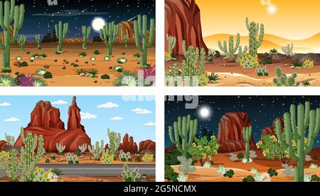 Four different desert forest landscape scenes with various desert plants illustration Stock Vector