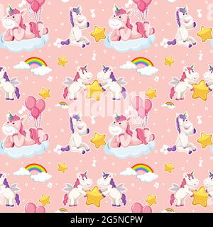 Unicorn seamless pattern with many clouds on pink background illustration Stock Vector