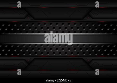 abstract metal carbon texture contrast red stripes and line chromium on metallic sheet hole modern template technology design background. vector illus Stock Vector