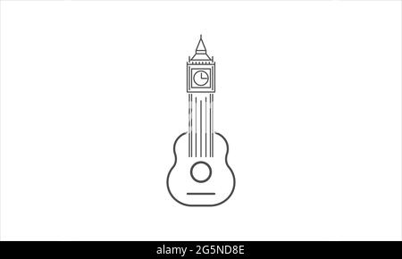 Big Ben clock tower  with guitar lines logo symbol vector icon illustration graphic design Stock Vector