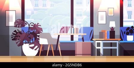 creative workplace modern open space empty nobody office interior contemporary co-working center Stock Vector