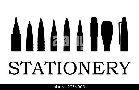 Stationery silhouette. Logo. Background for advertising a store, company. illustration. Isolated on a white background. Pencils, pens, felt-tip pens, Stock Vector