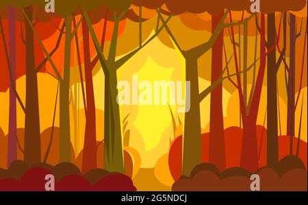 Forest path. trees illustration. Dense wild plants with tall, branched trunks. Autumn orange landscape. Flat design. Cartoon style. Vector art Stock Vector