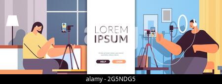woman podcaster and man blogger recording video blog podcasting broadcasting live streaming blogging concept Stock Vector
