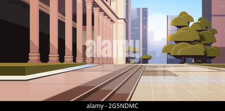 Closeup of government building with columns law and justice legal advice concept cityscape background Stock Vector