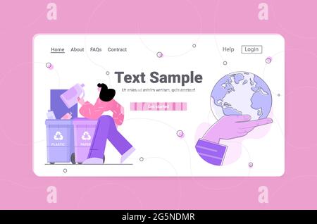 woman putting garbage bags in different types of recycling bins segregate waste sorting management save planet concept Stock Vector