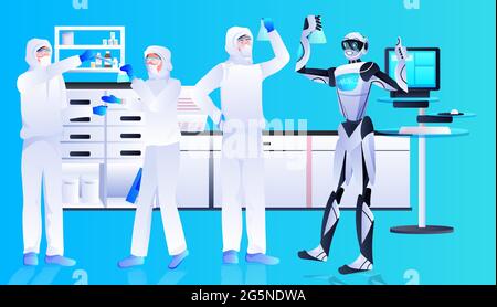 robot with scientists in protective suits making experiments in lab ...