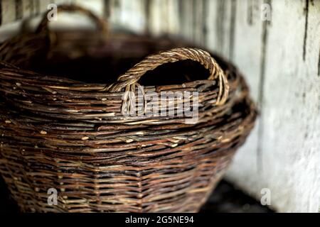 close up of old baskets woven from brushwood Stock Photo