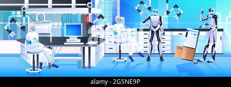 robots with scientists in protective suits making experiments in lab genetic engineering artificial intelligence concept Stock Vector