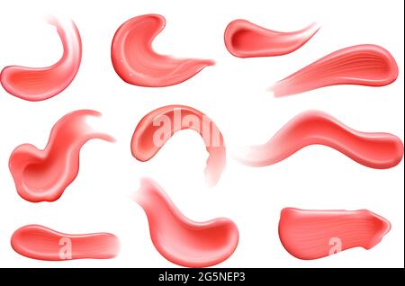 Set of realistic cosmetic pink lisptick cream smears. Lotion smooth smear isolated vector texture on white background. Stock Vector