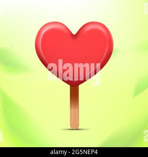 Realistic sweet ice cream heart with popsicle stick. Delicate background with blurred green leaves. Vector illustration. Stock Vector