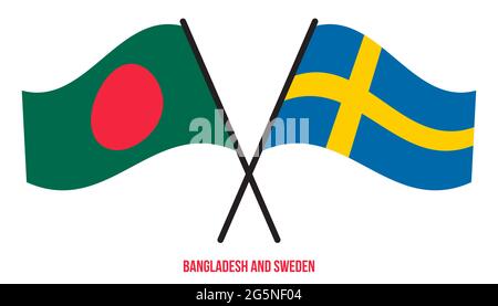 Bangladesh and Sweden Flags Crossed And Waving Flat Style. Official Proportion. Correct Colors. Stock Vector