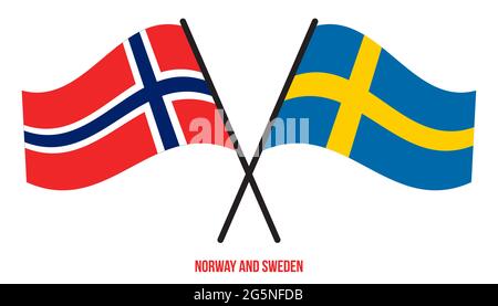 Norway and Sweden Flags Crossed And Waving Flat Style. Official Proportion. Correct Colors. Stock Vector