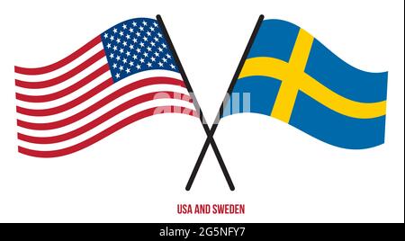 USA and Sweden Flags Crossed And Waving Flat Style. Official Proportion. Correct Colors. Stock Vector