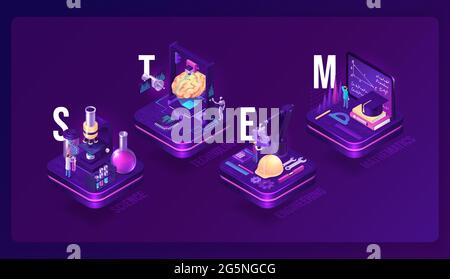 Stem isometric concept, science, technology, engineering and mathematics research. Scientific laboratory, ai robot, engineer on factory and student learn math on 3d platforms, vector illustration Stock Vector