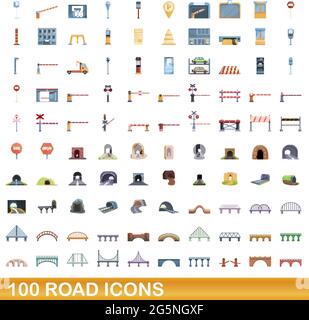 100 road icons set. Cartoon illustration of 100 road icons vector set isolated on white background Stock Vector