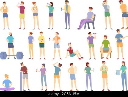 Resting athlete icons set cartoon vector. Bored athlete break. Casual resting gym towel Stock Vector