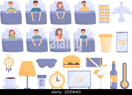 Sleep problems icons set cartoon vector. Sleep pillow and mask. Dream problems Stock Vector